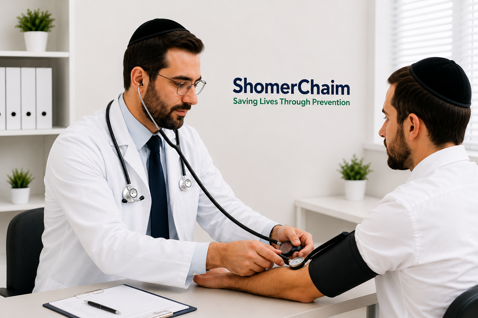Annual checkup with doctor taking a patient's blood pressure